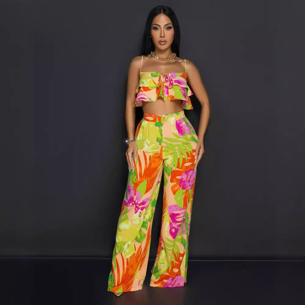 Printed Wooden Ear Sling Wide Leg Two Piece Set