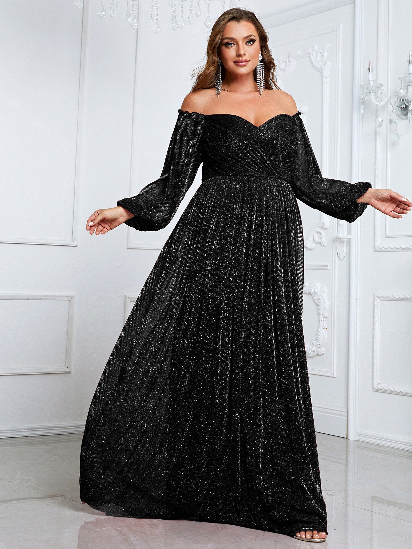 plus Size off Shoulder Long Sleeve Dress Solid Color Simple Dress Cocktail Evening Gown for Women