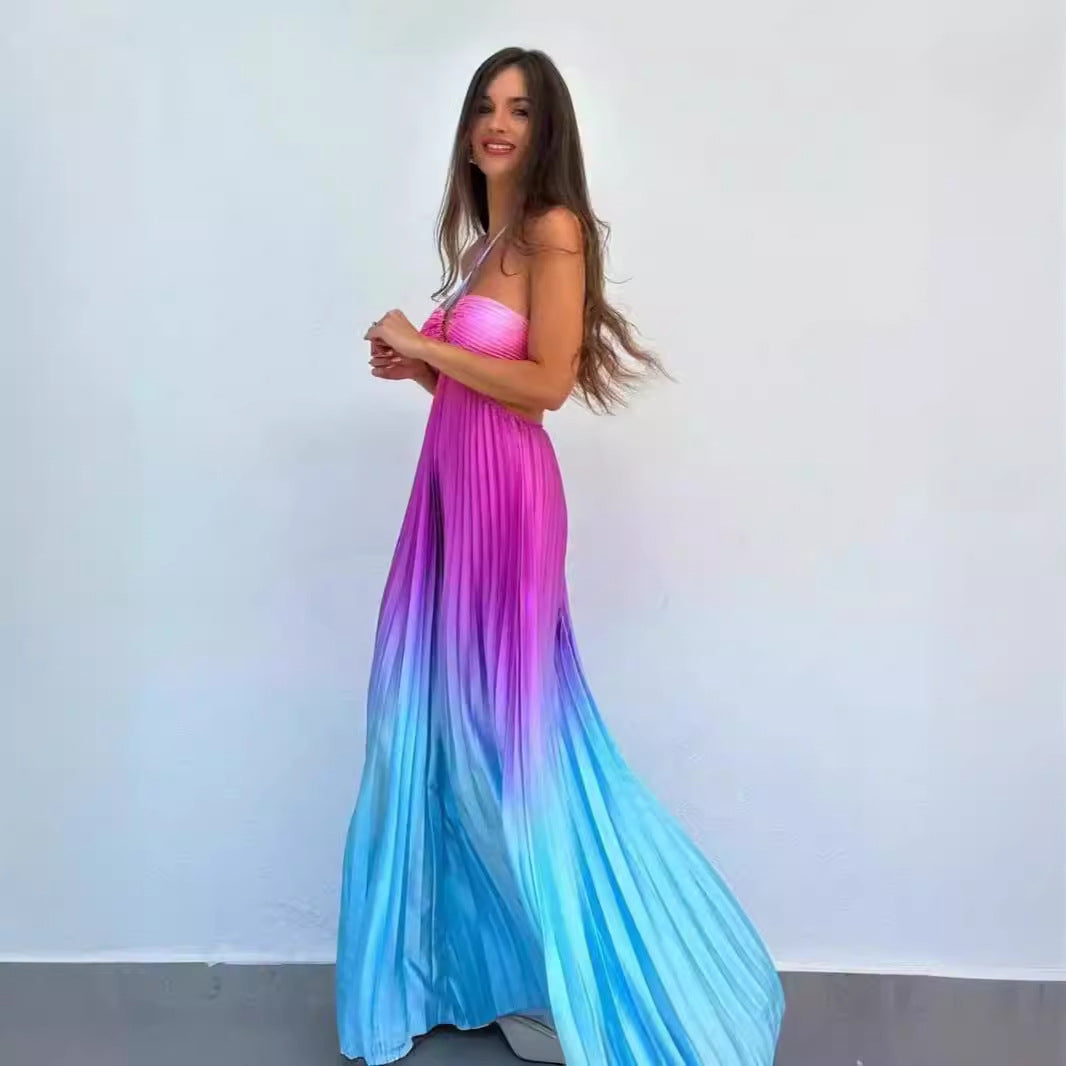 Summer Slushie Gradient Color Halter Pleated Long Dress