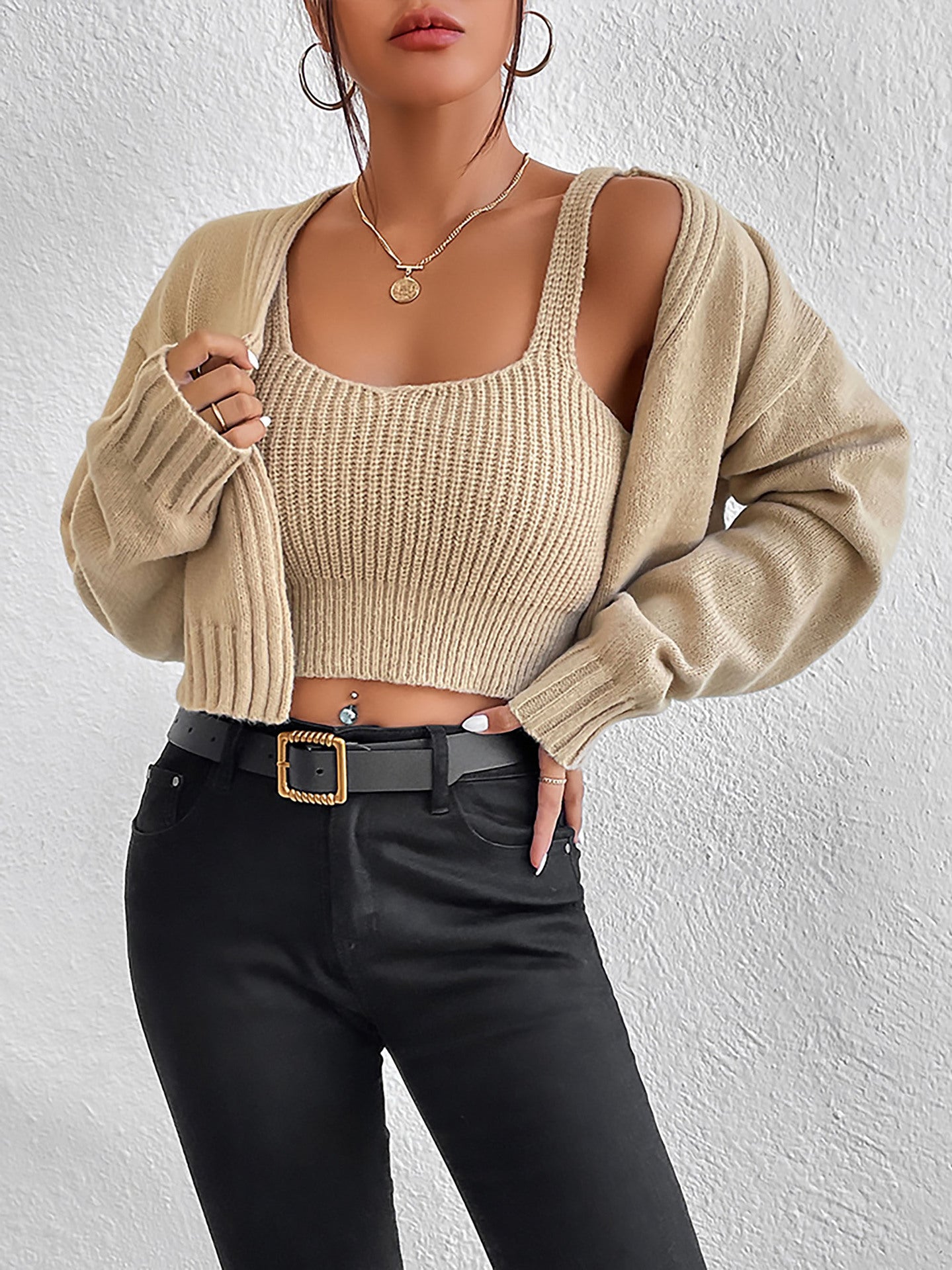 Dori Long Sleeve Short Sweater V neck Cardigan Crop Top Spaghetti Strap Small Sweater Two Piece Set