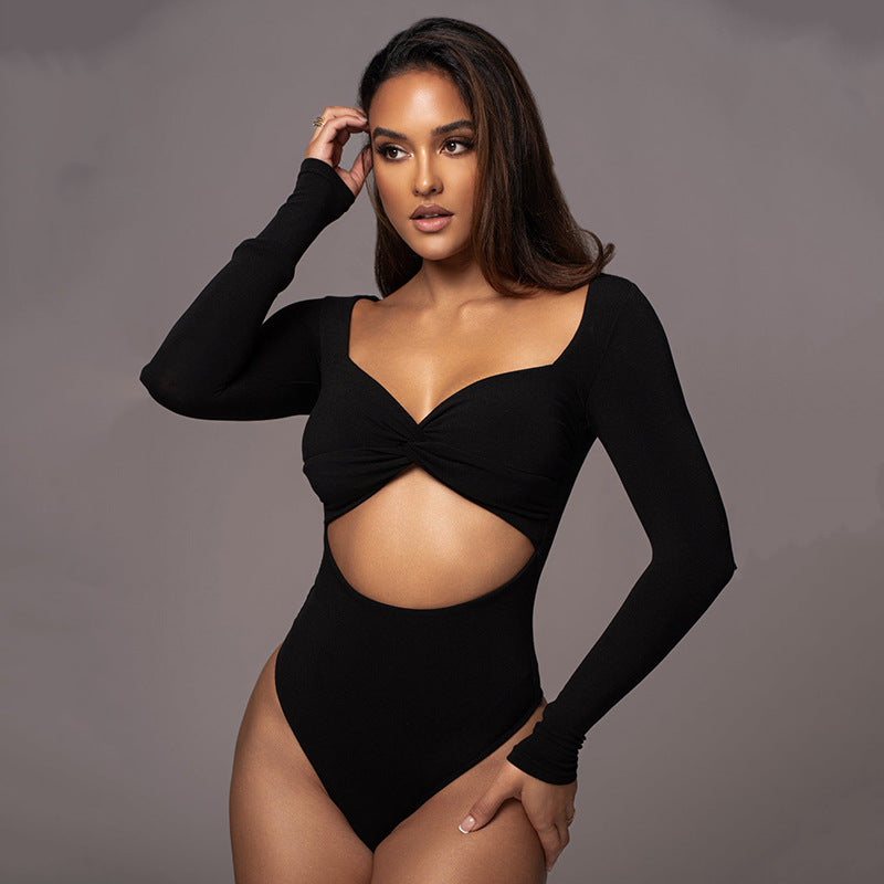 Astra V neck Long Sleeve Hollow Out Cutout Cropped Bodysuit