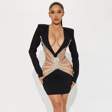 Graceful Sexy Rhinestones Tassel Women’s V neck Bandage Dress