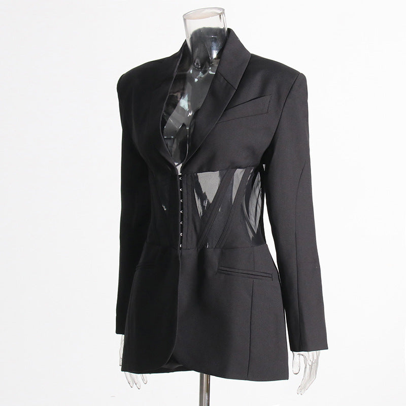 Bonnie Boning Corset Waist Mesh Stitching See Through Design Blazer Mid Length Blazers