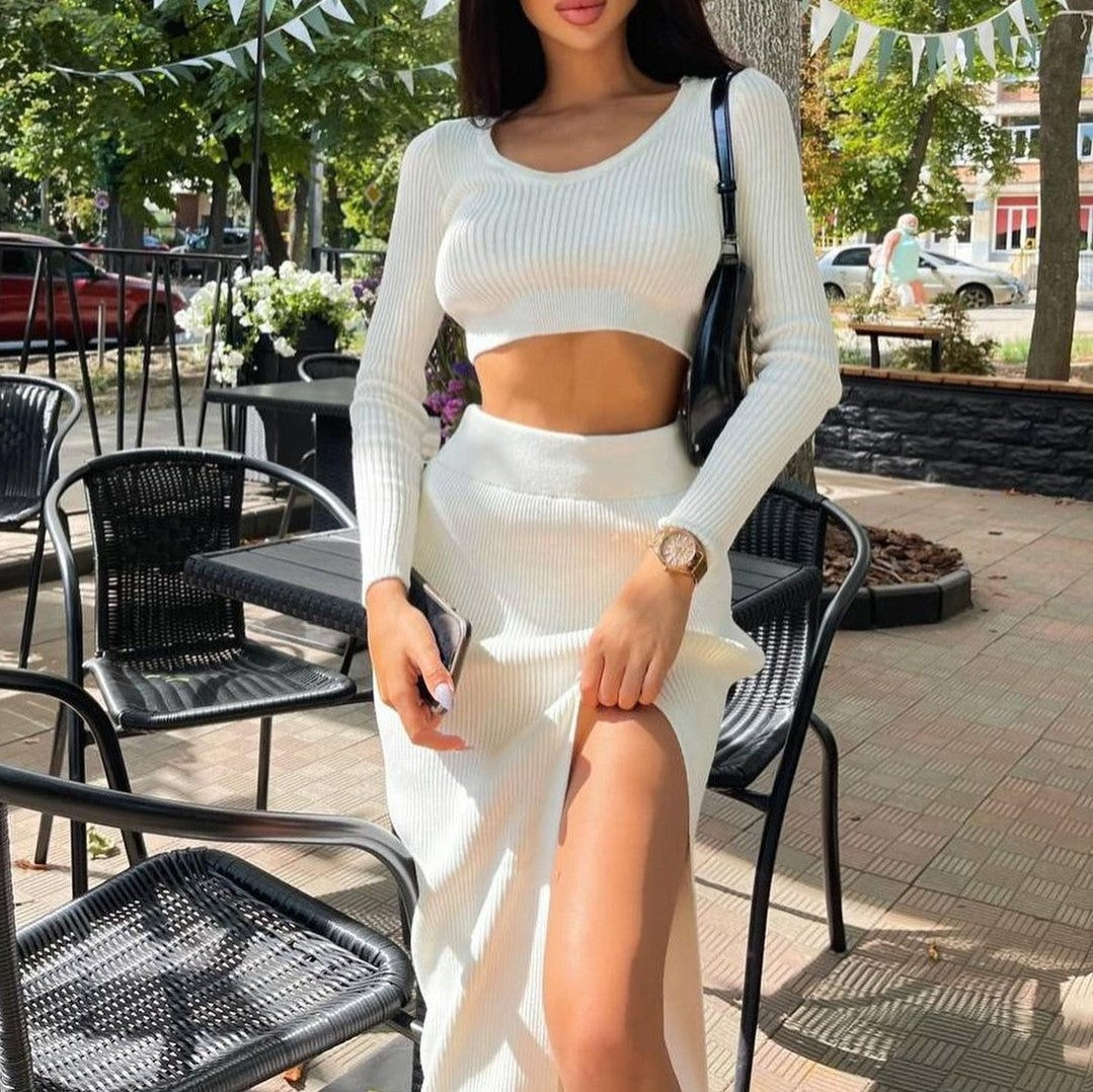 Mita Long Sleeve Sexy Crop Top Slit Long Skirt Sweater Two-Piece Set