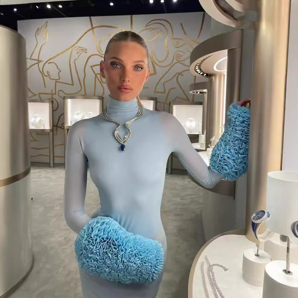 Autumn Winter Ladies Dress High Collar Long Sleeve Slim Fit Slimming Sheath Dress