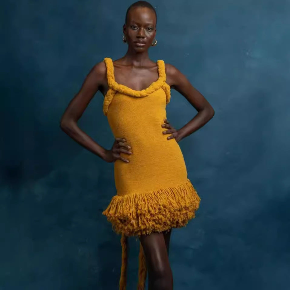 Twisted Sista Hand Woven Twine Rope Shoulder Strap Tassel Short Dress Mustard Yellow Dress