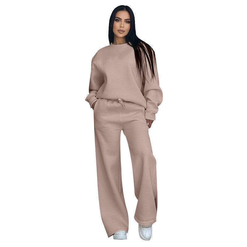 Autumn Winter Solid Color Round Neck Long Sleeve Loose Women Wear Casual Wide Leg Pants Suit