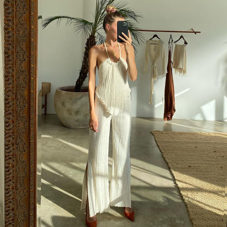 Beachy Bridal Backless Spaghetti Straps Vest Beige Pleated Slim Fit Slit Blouse And Pants