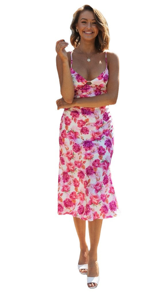 Venmo Me Sexy V-neck Printing Slip Dress Pink Floral