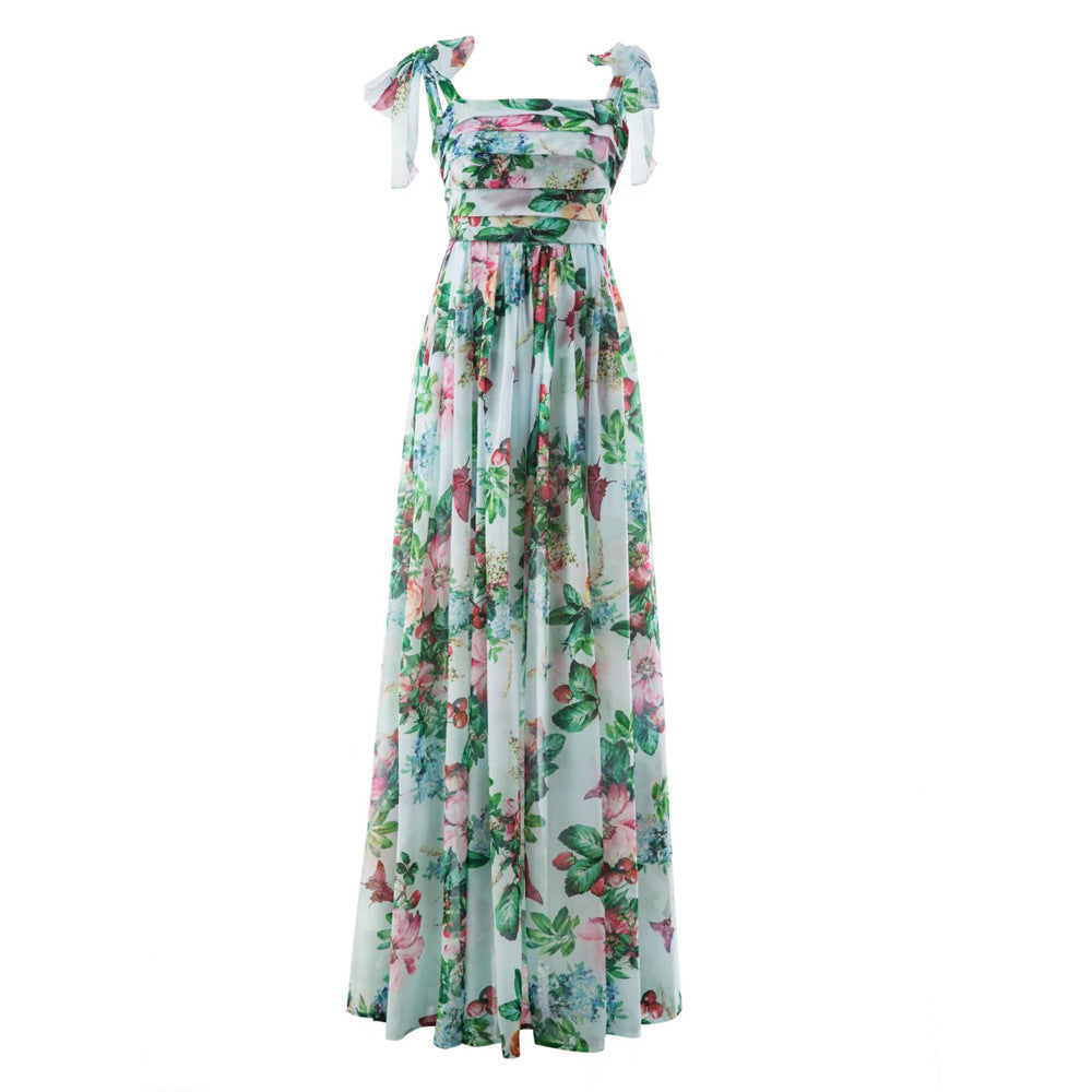 Rose Print Pleated Wrapped Chest Wide Hem Flowy Strap Dress