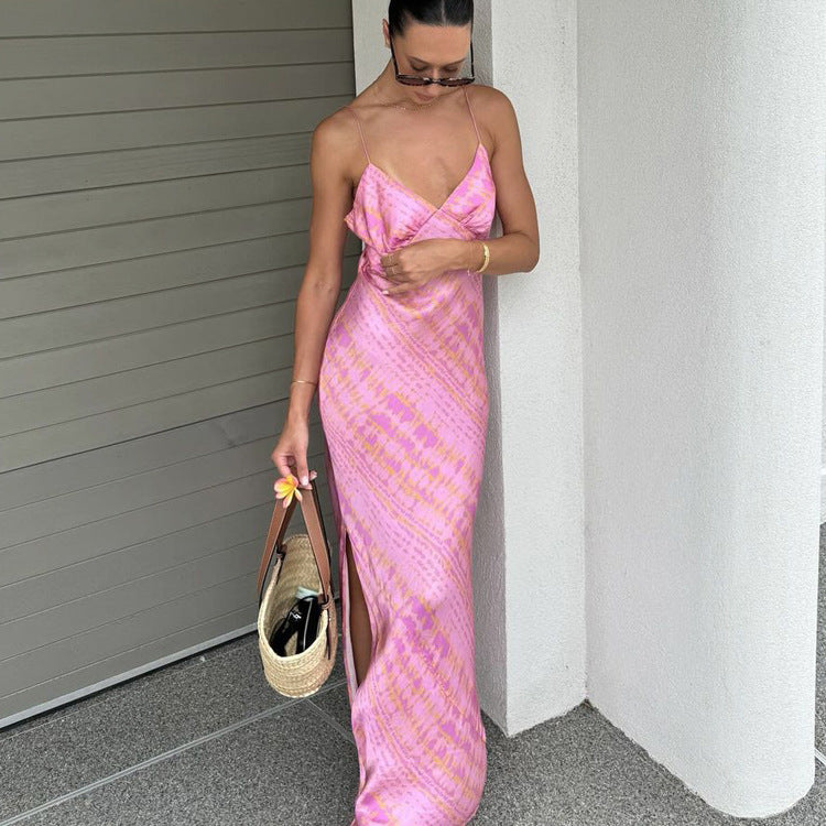 Slema Pink Gold Print Slip Dress V neck and Side Slit