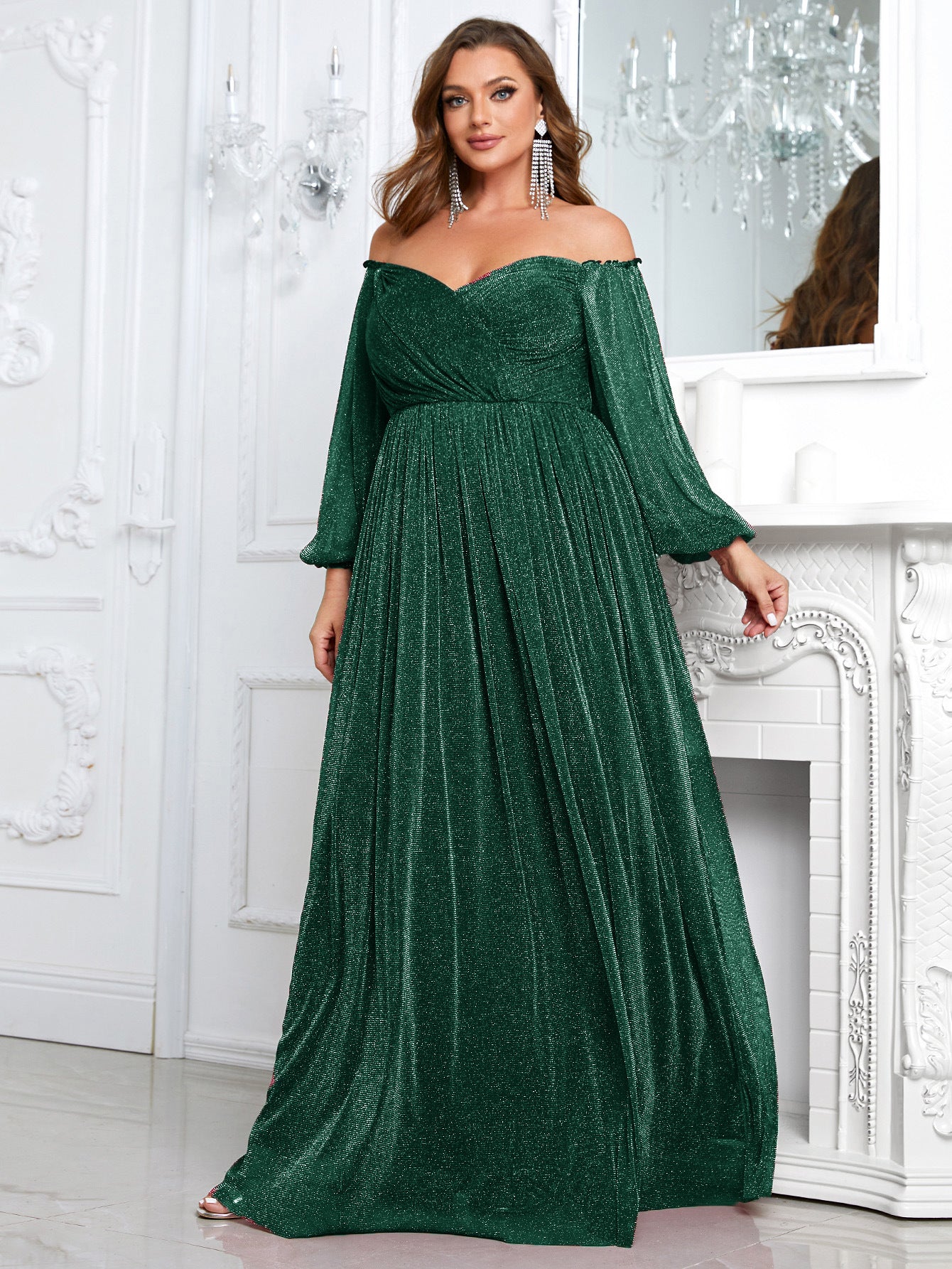 plus Size off Shoulder Long Sleeve Dress Solid Color Simple Dress Cocktail Evening Gown for Women