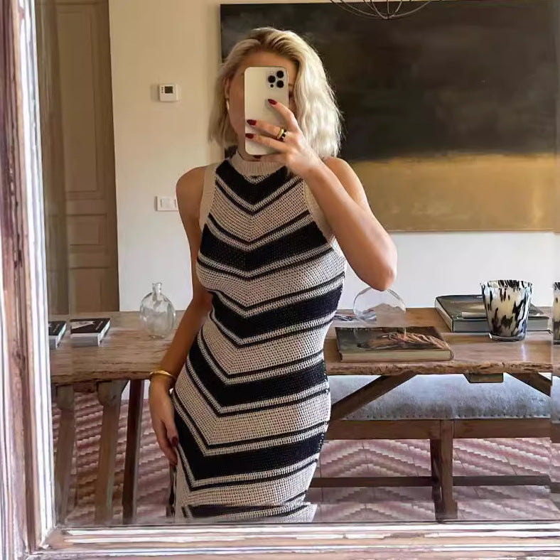 Sexy Tight Striped Tassel Knitted Dress Women Sleeveless Summer Midi Dress