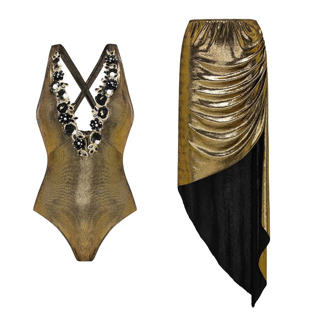 Gold Embroidery Shiny Surface One Piece Swimsuit Women