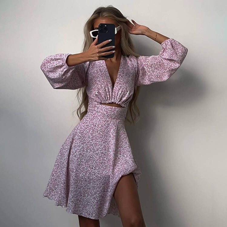 Women Clothing Summer Long Sleeve V neck pirational Design Dress Slimming Printed French Dress