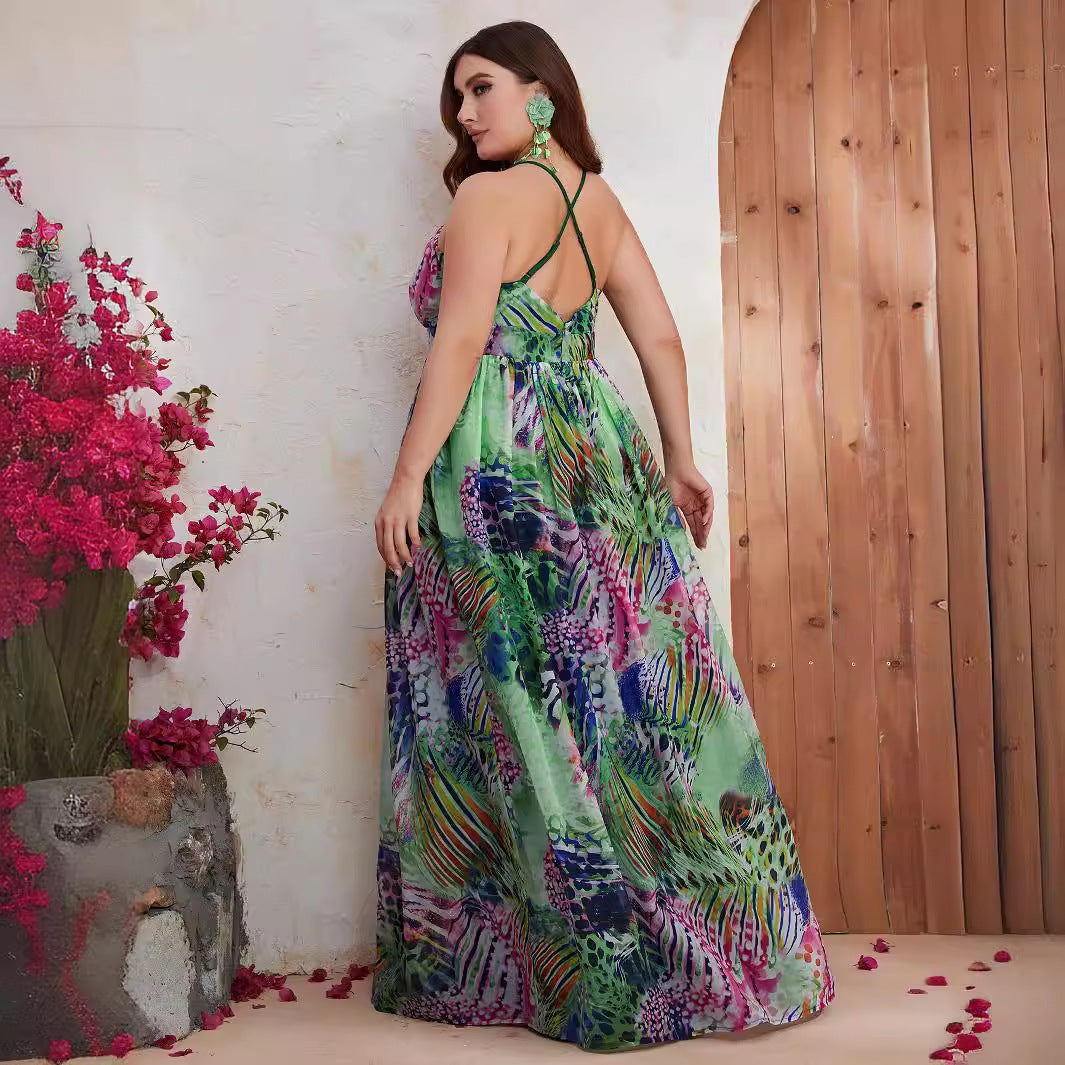 Plus Size Chiffon Spaghetti Straps Sleeveless Maxi Dress Summer Printed V neck Vacation Dress