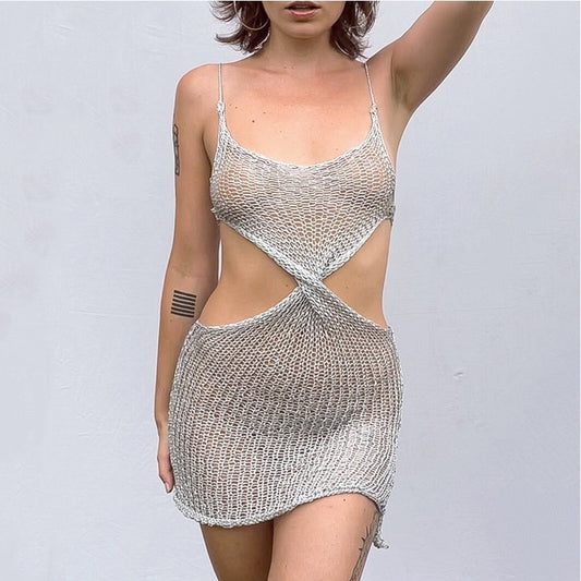 Collarless Women Wear Sexy Sling Dress Hollow Out Cutout Knitted Dress Short Solid Color Sheath Beach Dress for Women
