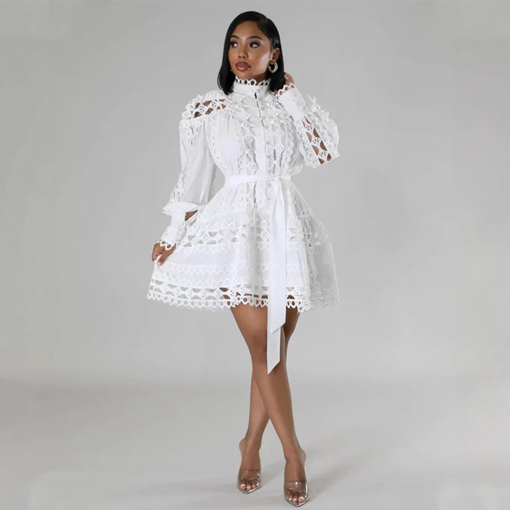 Women Lace Stitching Hollow Out Cutout Long Shirt Dress