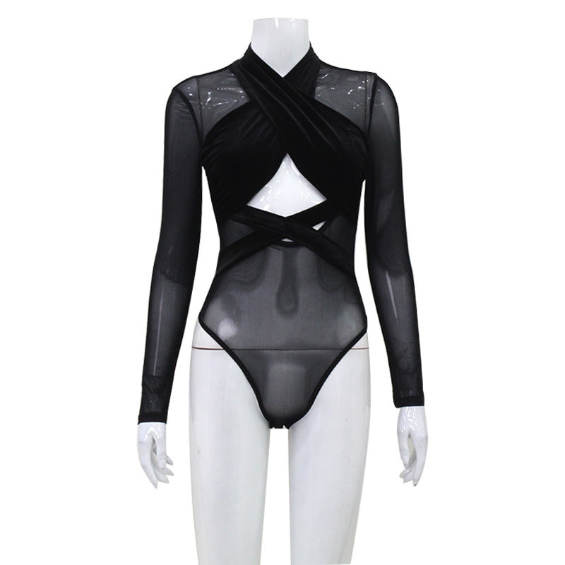 Malba Mesh Velvet Stitching Sexy Cross Hollow Out Cutout out Tight High Waist Long Sleeve Bodysuit for Women