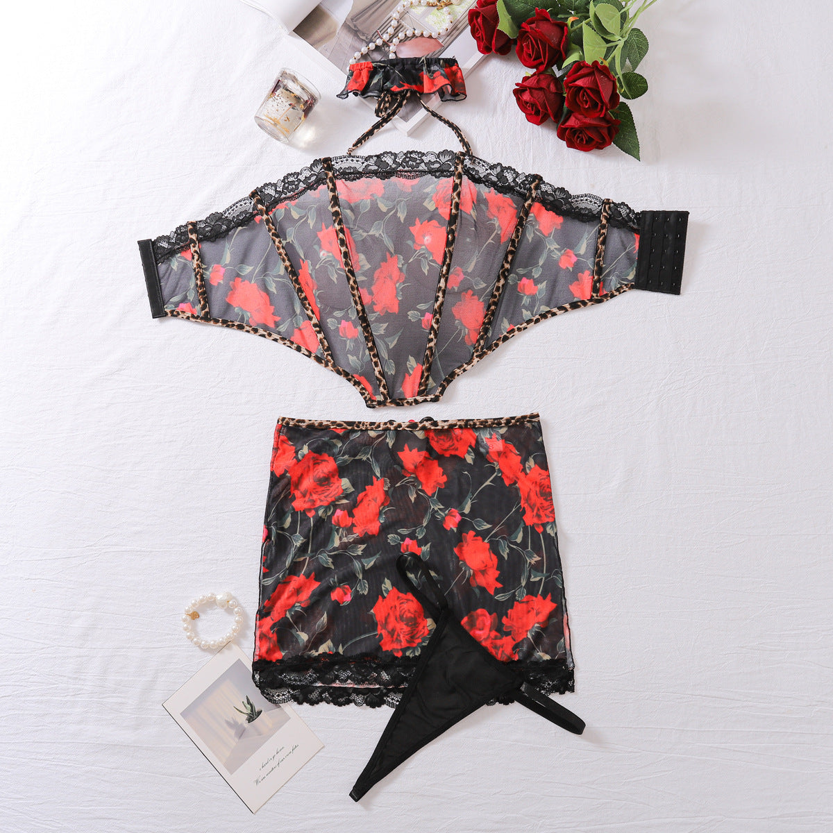 Fall Fashionable Sexy Figure Flattering Comfortable Mesh Stitching Printing Wrapped Chest Sexy Lingerie Underwear Four Piece Set