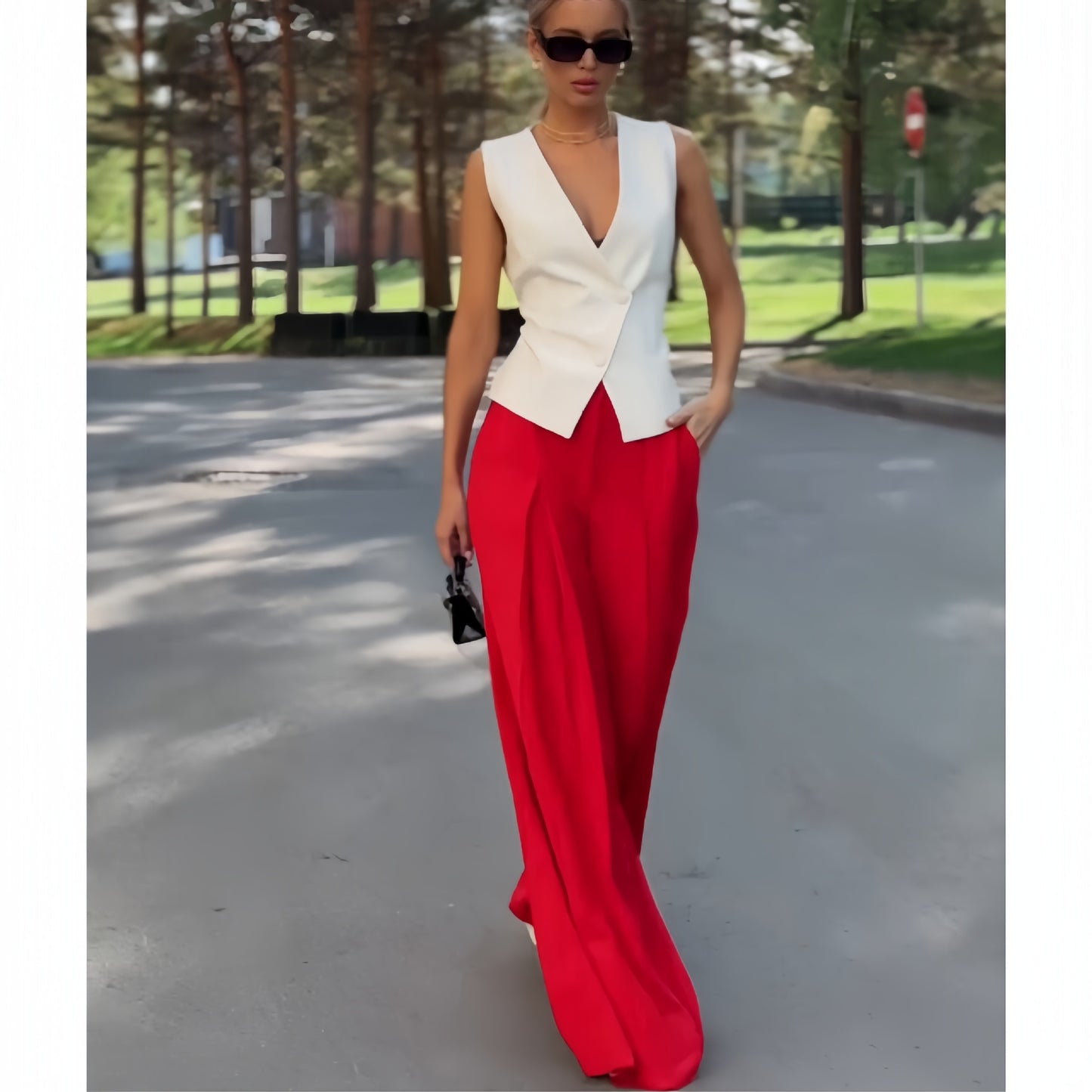 Women Clothing Personality Deep V Plunge Neck Sleeveless Top Casual High Waist Wide Leg Pants Two Piece Set