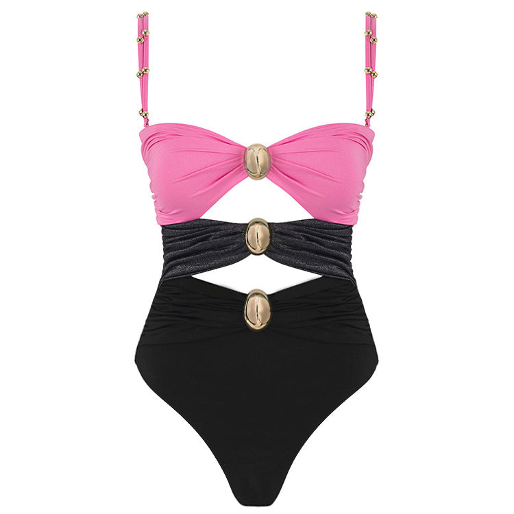 Round Buckle Decorative Color Matching Hollow Out Cutout out Swimsuit Set Women