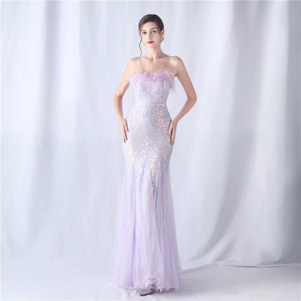 Ostrich Feather Positioning Floral Cutting Wedding Annual Meeting Tube Top Sequin Gauze Evening Dress