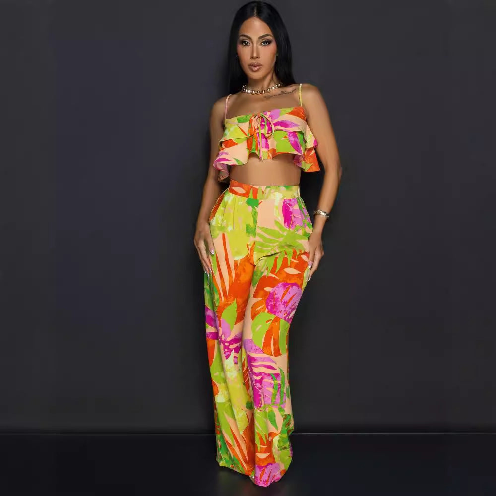 Printed Wooden Ear Sling Wide Leg Two Piece Set