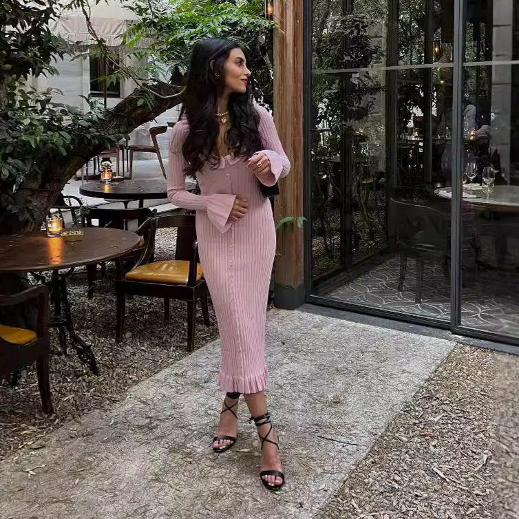 Collared Ruffled Slim Fit Slimming Sheath Long Sleeve Long Single Breasted Knitted Dress Women