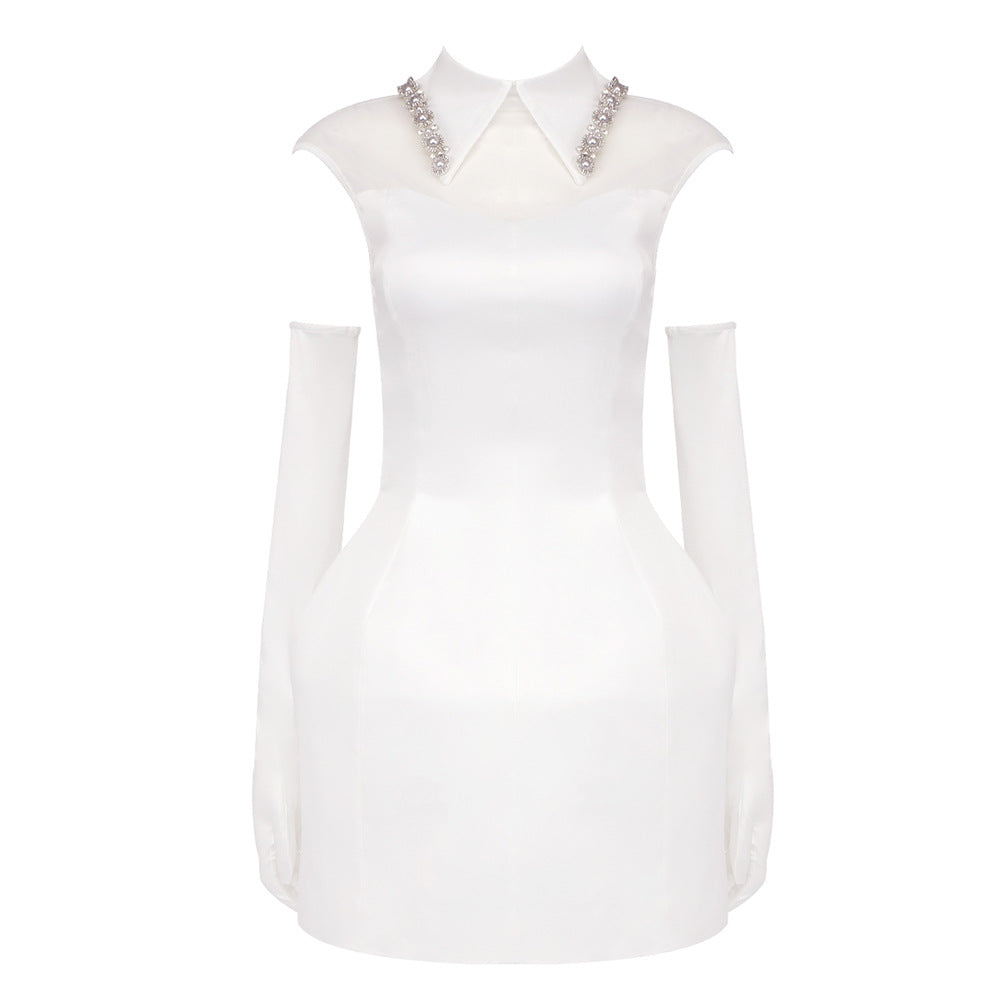 Bridal Lu Elegant Pure White Satin Mesh Mini Dress With White Gloves