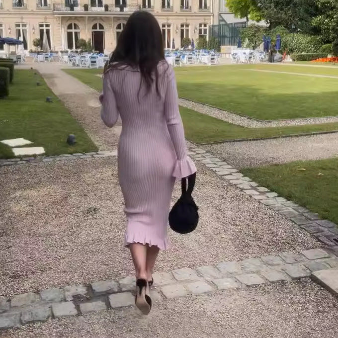 Collared Ruffled Slim Fit Slimming Sheath Long Sleeve Long Single Breasted Knitted Dress Women