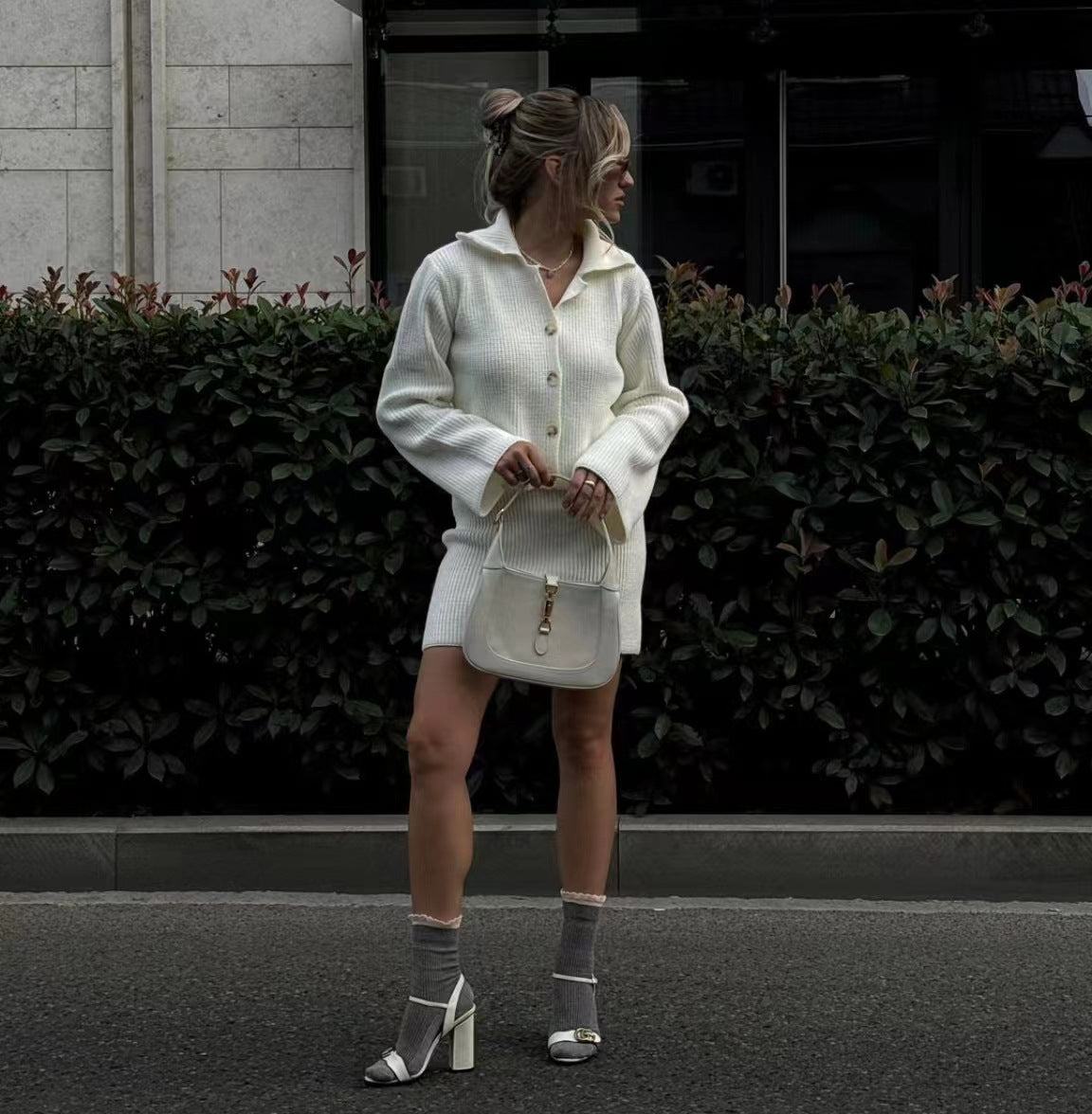 Autumn Winter All Match Collared Flared Sleeve Cardigan Short Skirt Woolen Sets