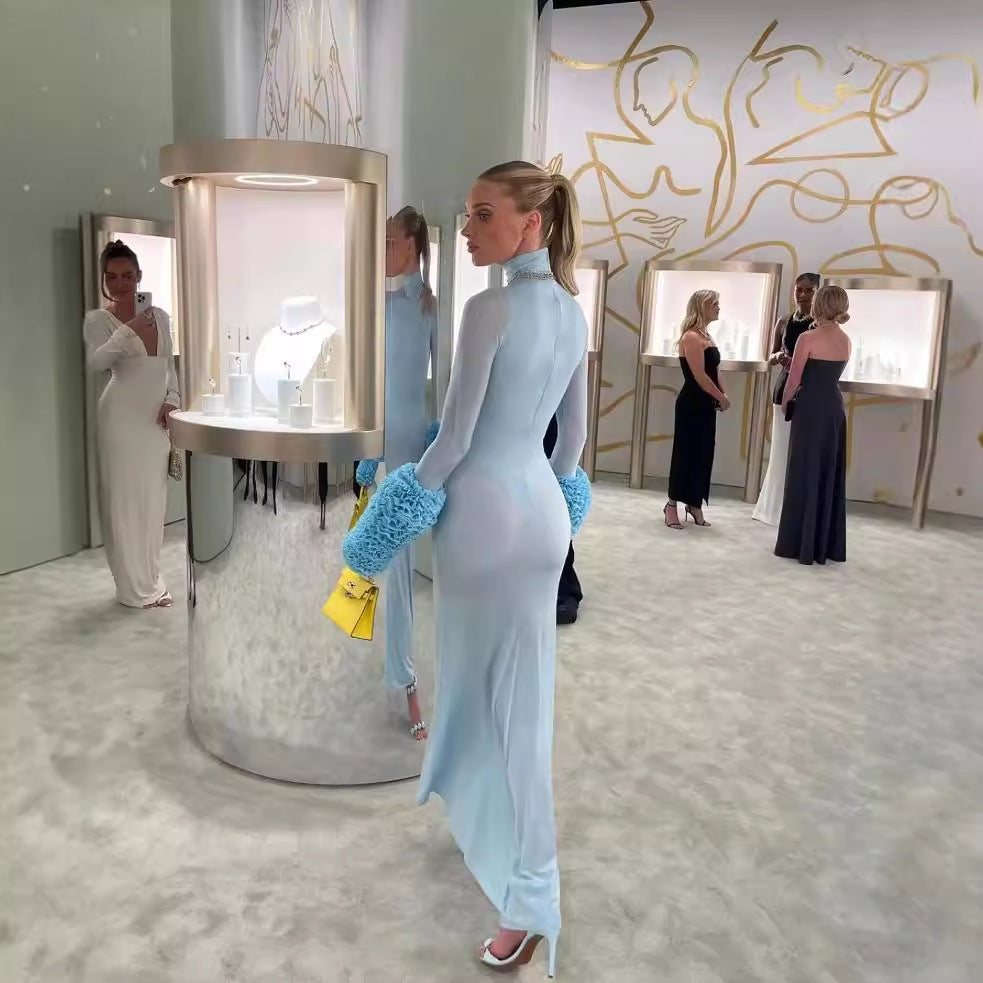 Autumn Winter Ladies Dress High Collar Long Sleeve Slim Fit Slimming Sheath Dress