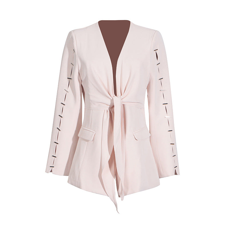 Nalia Hollowed out Women’s Blazer V neck Drawstring Long Sleeve Apricot Pink