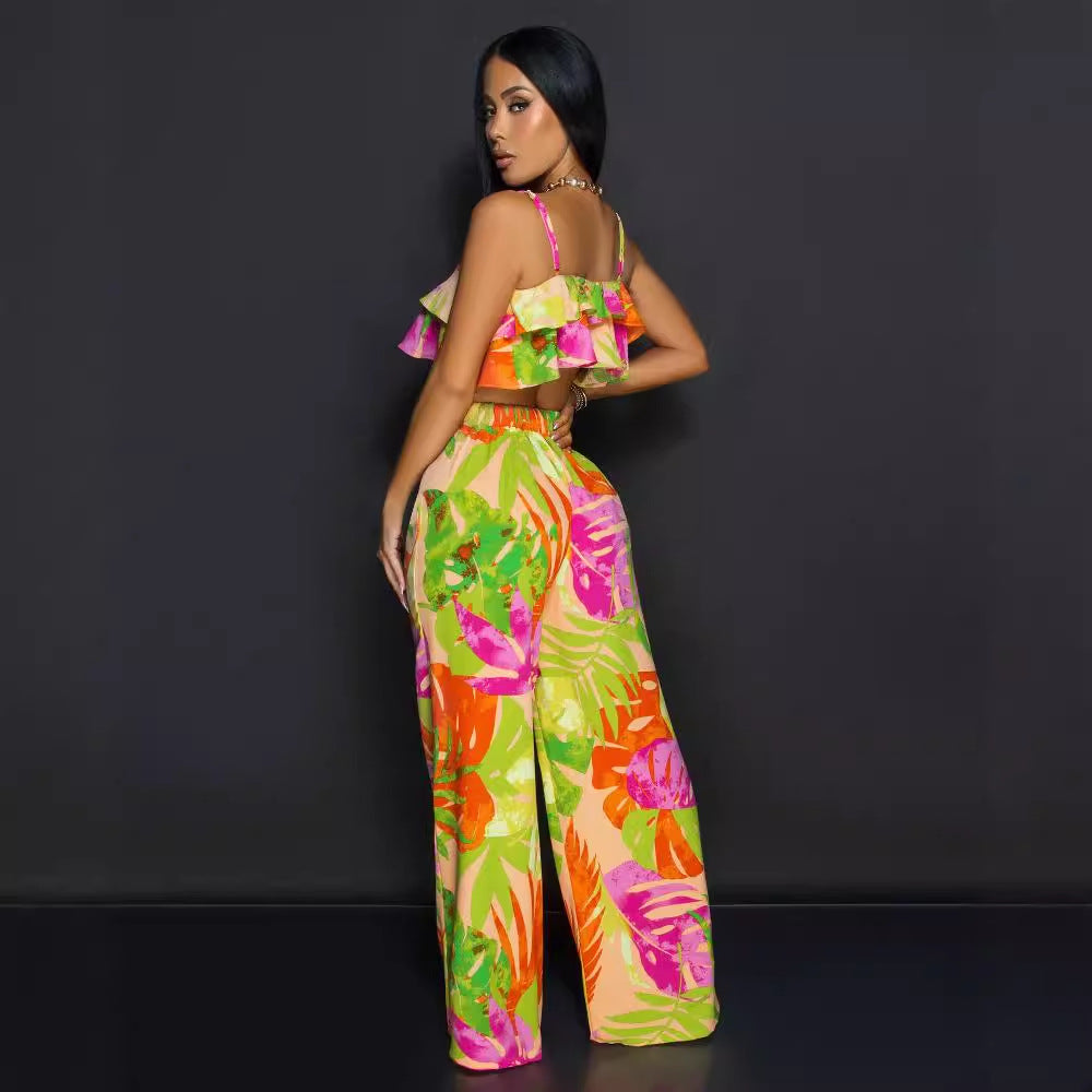 Printed Wooden Ear Sling Wide Leg Two Piece Set