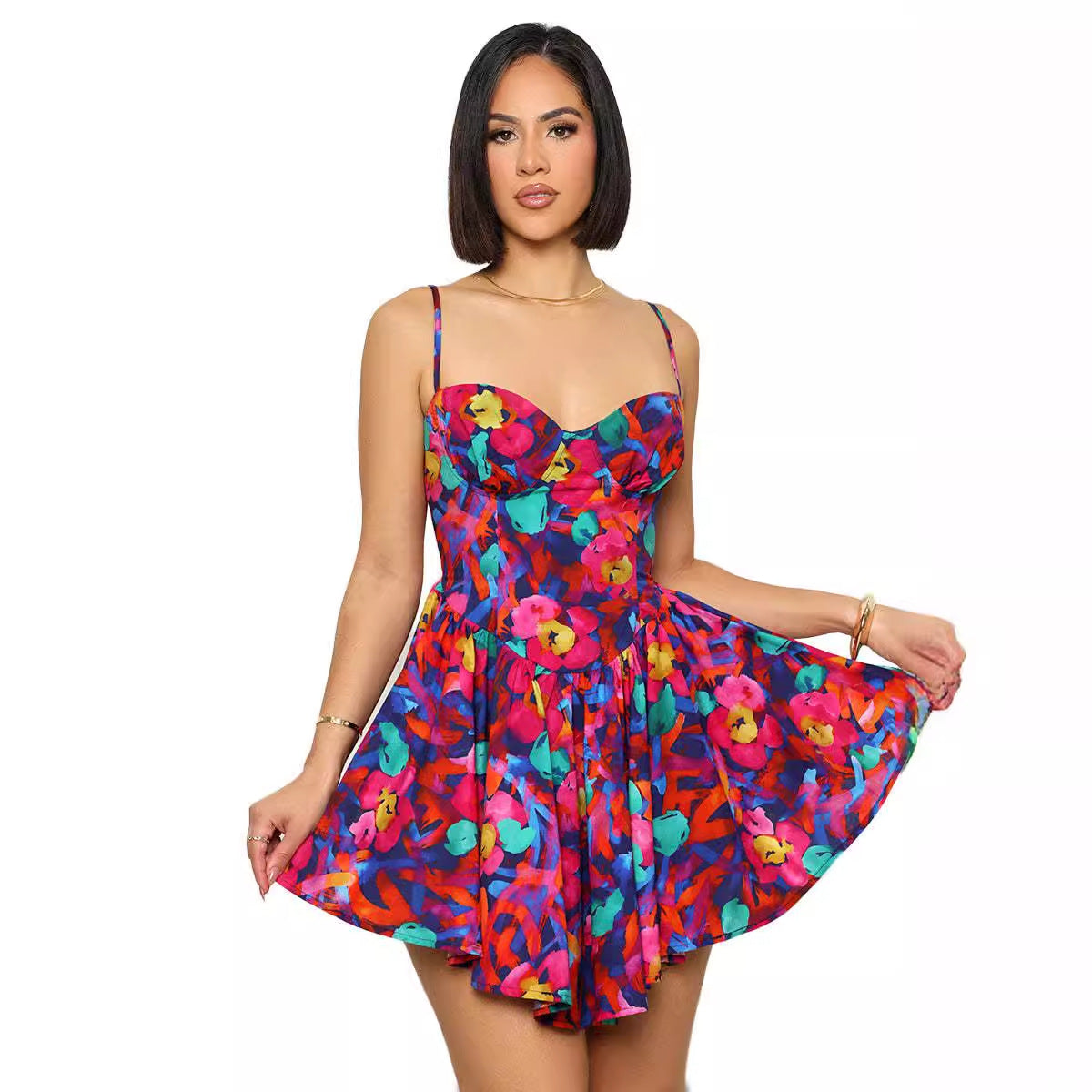 Sway Me Printed Suspenders Waist Tight Dress