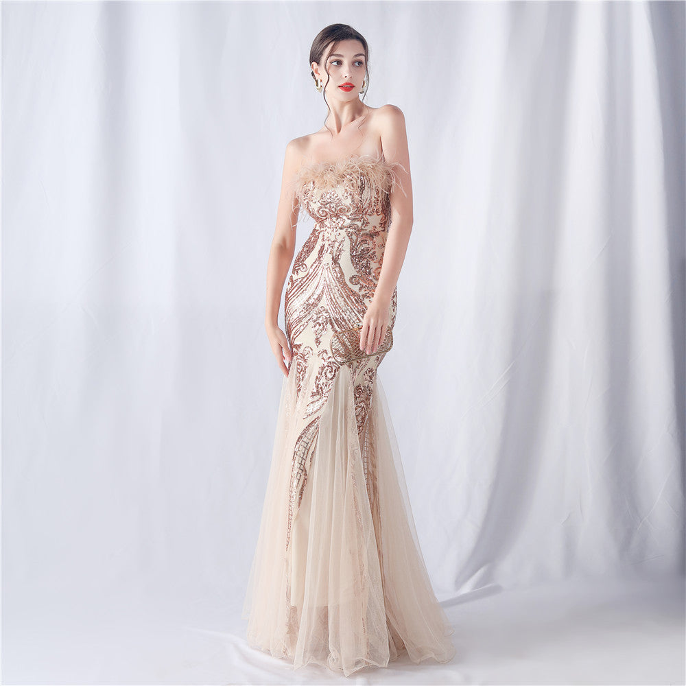 Ostrich Feather Positioning Floral Cutting Wedding Annual Meeting Tube Top Sequin Gauze Evening Dress