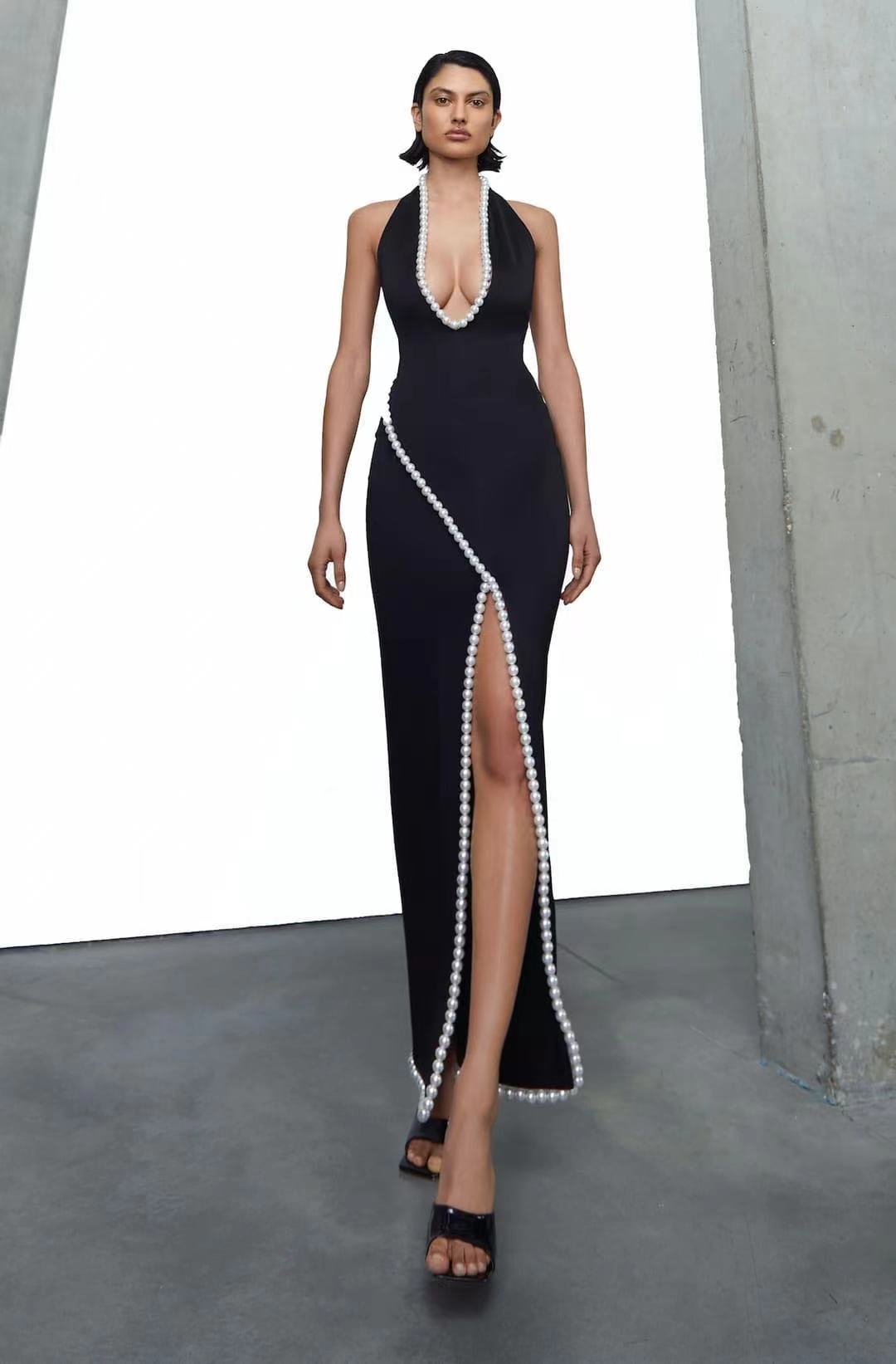 Net Red Black V neck Pearl Trim Party Noble Elegant Bandage Backless Slit Jumpsuit