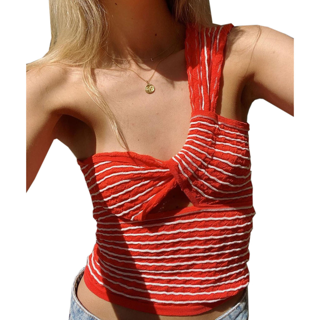 Spring Summer Best Women Clothes Striped Single Shoulder Knitted Woolen Vest Twisted