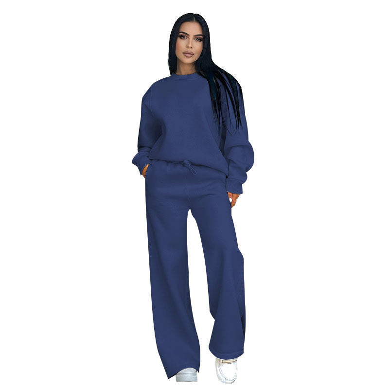 Autumn Winter Solid Color Round Neck Long Sleeve Loose Women Wear Casual Wide Leg Pants Suit