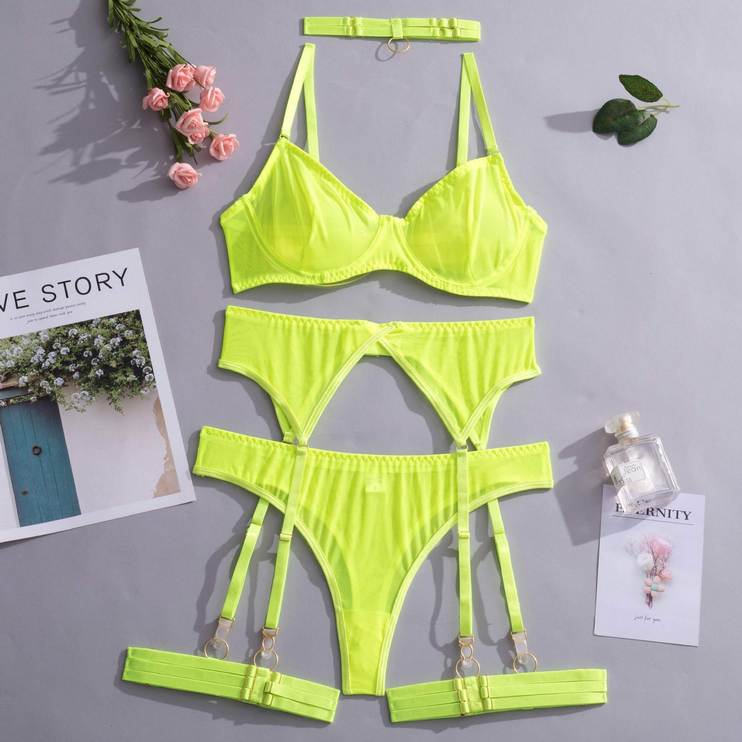 Summer New Women Fashion Sexy Underwear Mesh Comfortable Slimming Push up Four Piece Set with Steel Ring