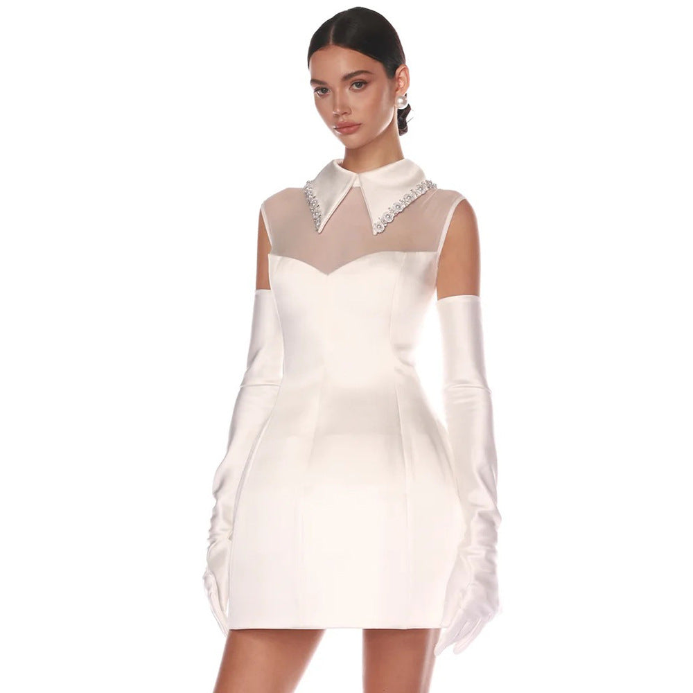 Bridal Lu Elegant Pure White Satin Mesh Mini Dress With White Gloves