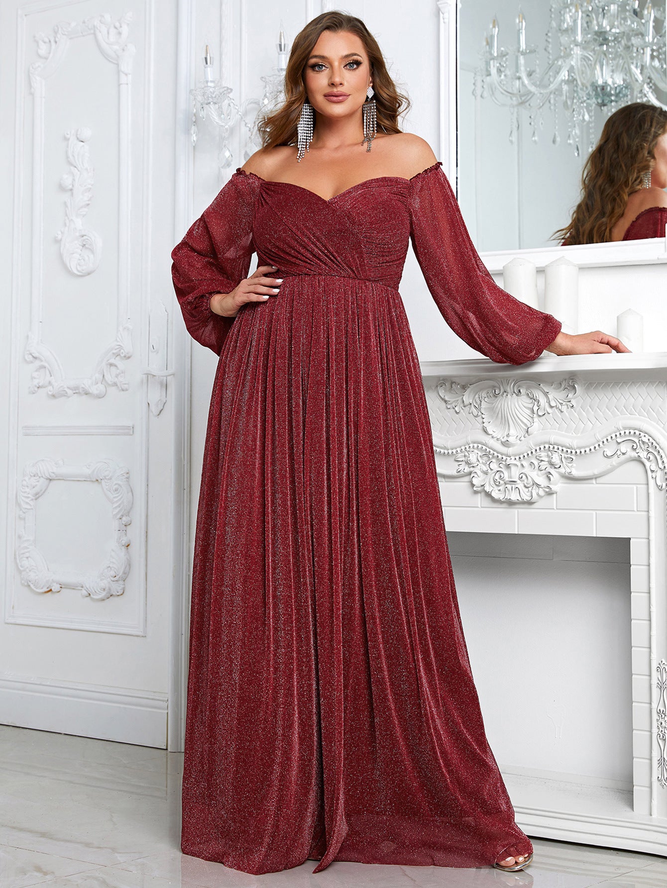 plus Size off Shoulder Long Sleeve Dress Solid Color Simple Dress Cocktail Evening Gown for Women