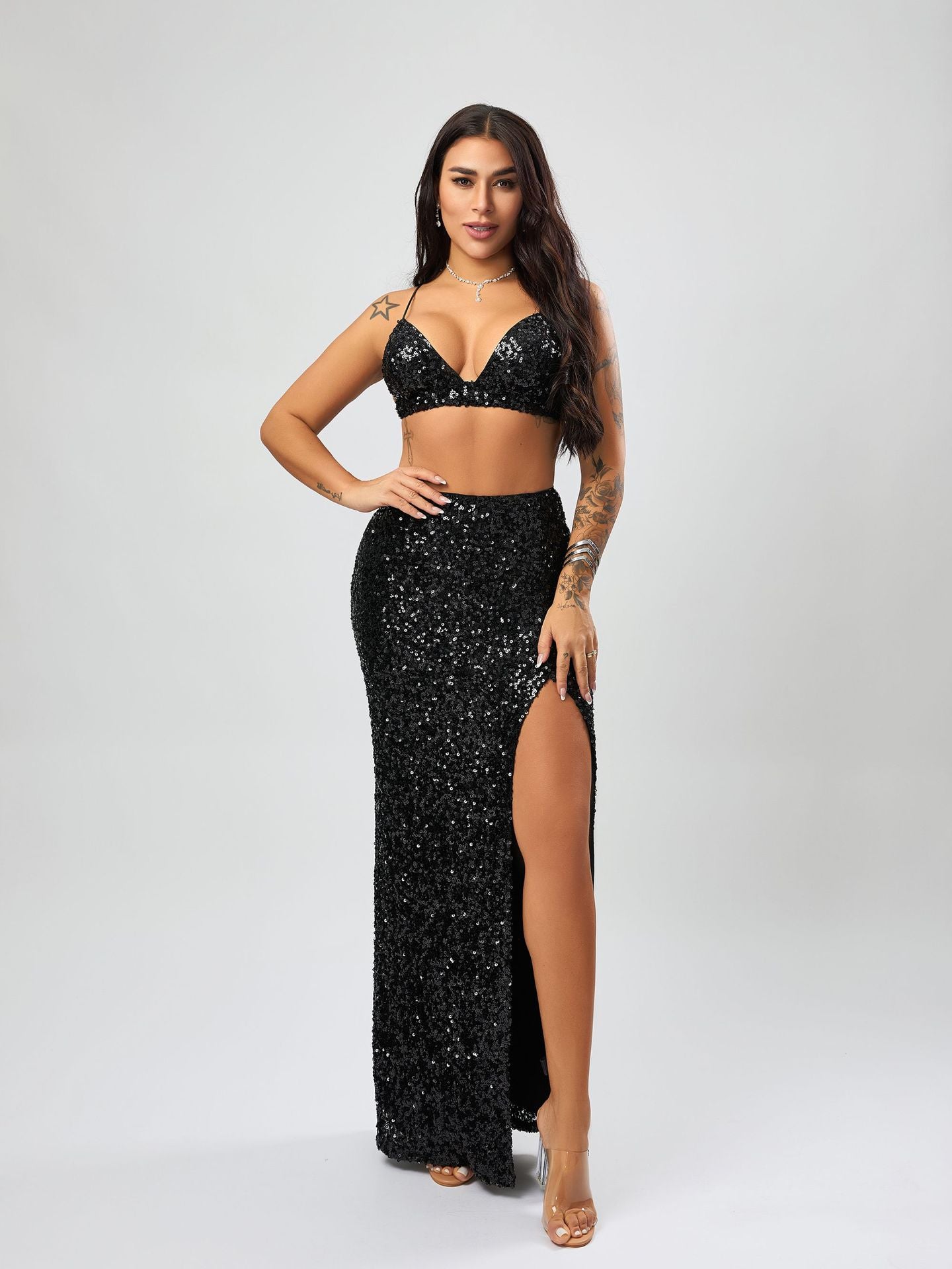 Stella Sexy Sequined High Slit Maxi Skirt Sequined Bra Top Two Piece Set