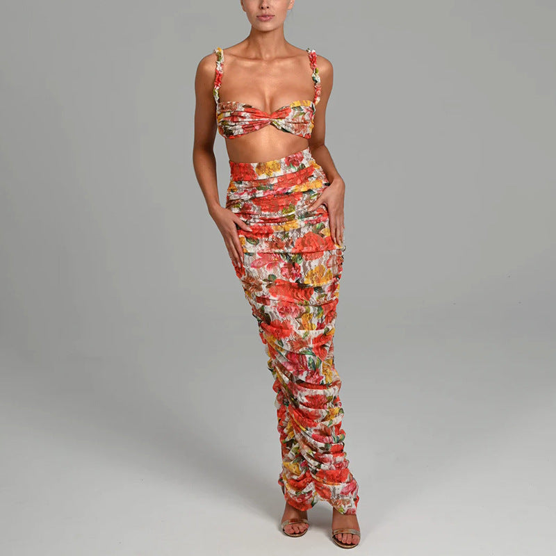 Summer Sexy Print Strap Backless Pleated Skirt Set