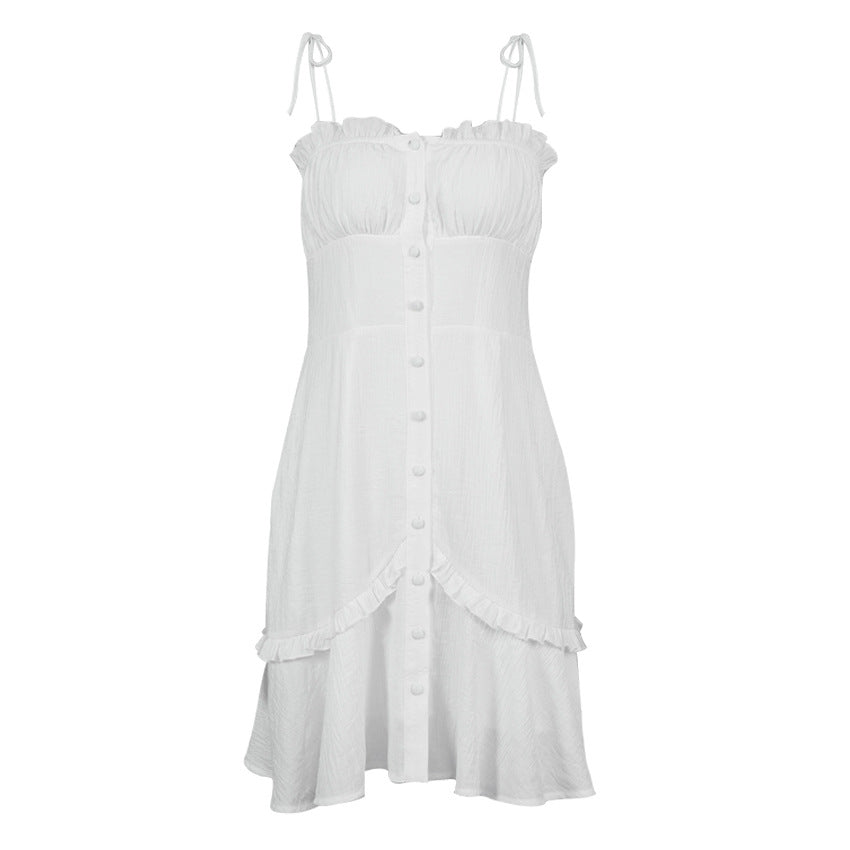 Hello Sexy White V-neck Lotus Leaf Cotton Tight Braces Dress