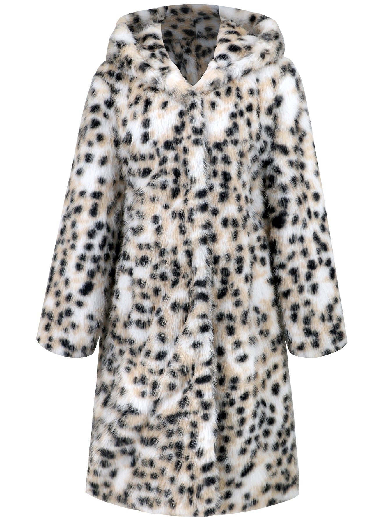 Coola Winter Leopard Print Hooded Fur Long Sleeve Mid Length Warm Coat