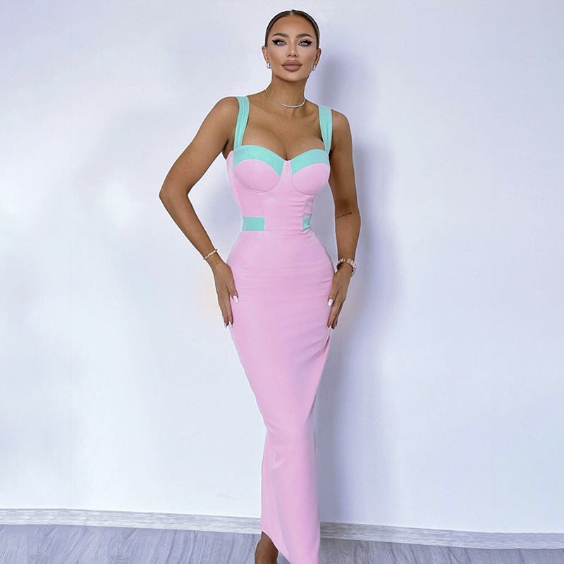 Mamita Pink with Green Long Bandage Dress Sexy Slim Fit Contrast Colors Cami Dress