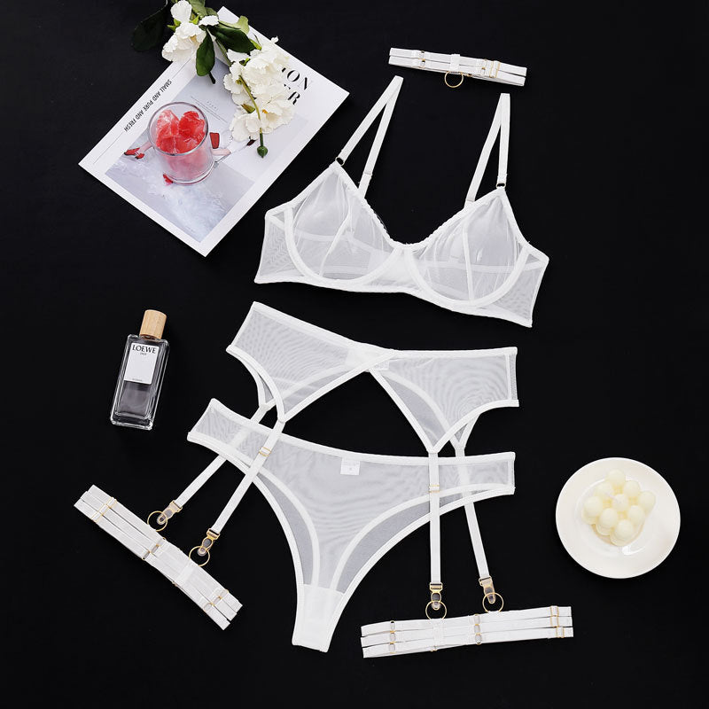 Summer New Women Fashion Sexy Underwear Mesh Comfortable Slimming Push up Four Piece Set with Steel Ring