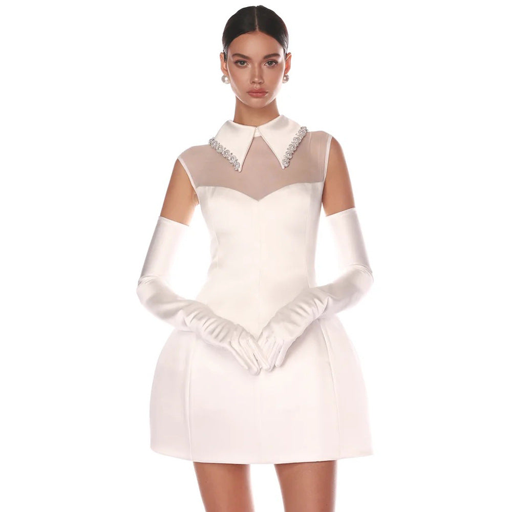 Bridal Lu Elegant Pure White Satin Mesh Mini Dress With White Gloves